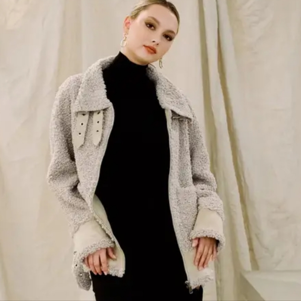 Jules Kae S Teddy Moto Vegan Leather  Faux Fur Sherpa Jacket Coat